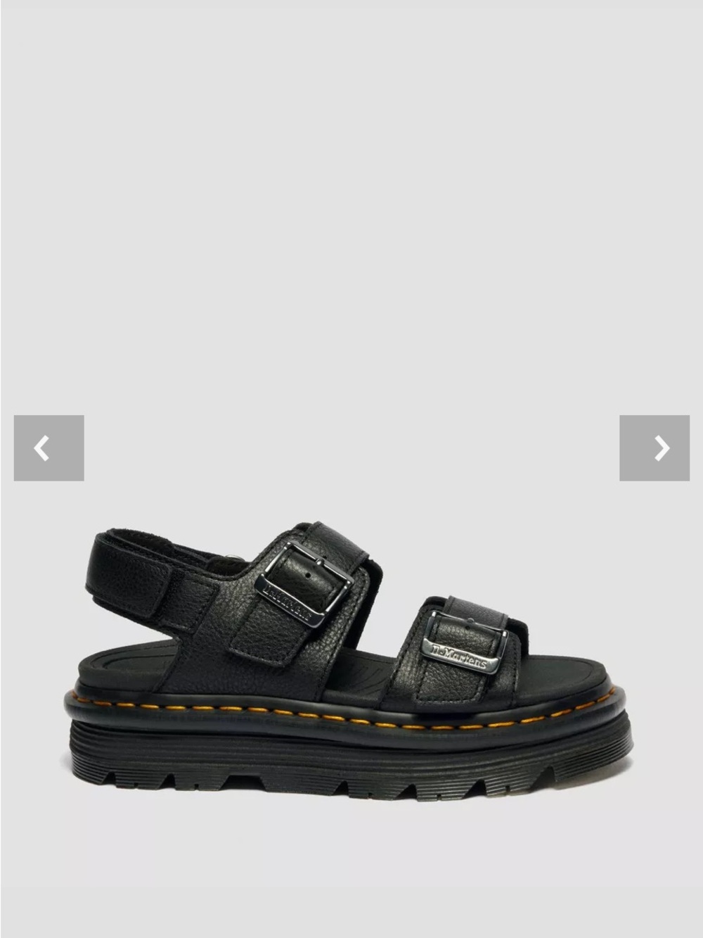 Dr. Martens Black Leather Platform Buckle Sandals with Yellow Stitching